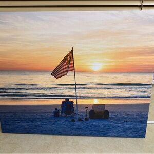 Beach Sunset Canvas Art with American Flag